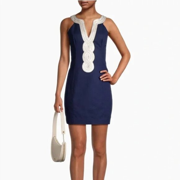 Lilly Pulitzer ‘Valli Shift’ Embroidered Mini Dress, Navy Blue and Gold, size 10 - Picture 1 of 12